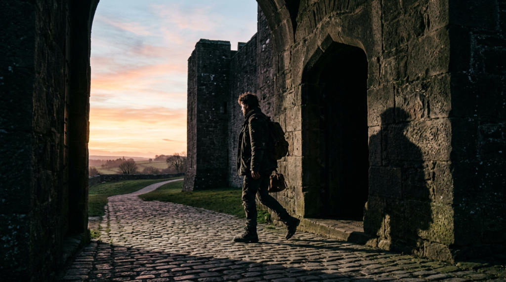 Person walking on cobblestone pathway through stone archway of castle ruins at sunset